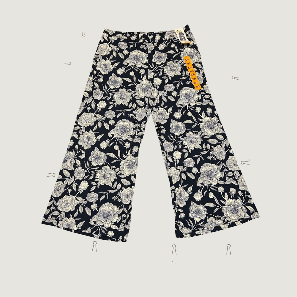 Three Dots Womens XXL Navy Floral Wide Leg Pull On Pants NWT 1868328